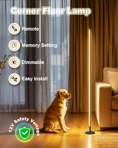 TACAHE Black Minimalist Corner Floor Lamp Dimmable LED 2700K-6500K Remote