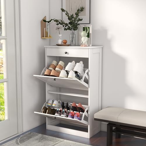 Medium White Shoe Cabinet with 2 Flip Drawers - Slim Modern Storage