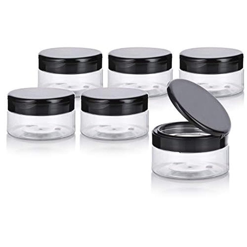 JUVITUS 8 oz Clear PET Plastic Refillable Low Profile Jar with Black Flip Top (6 pack)