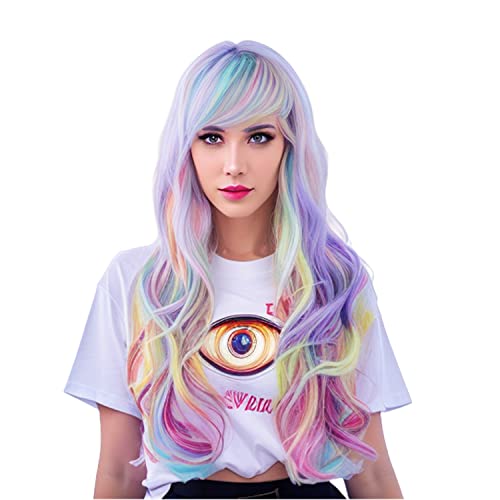 Rainbow Colorful Wavy Wig for Women 26 Inch Synthetic Cosplay & Party Hair