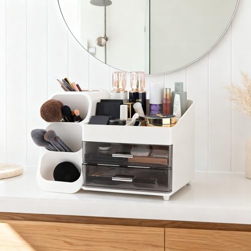 Homeanda Makeup Organizer with Drawers ? Large Cosmetic Storage Box for Vanity, Bathroom, or Bedroom, Perfect for Skincare, Brushes, Lipstick, Eyeshadow,and Beauty Essentials (White)
