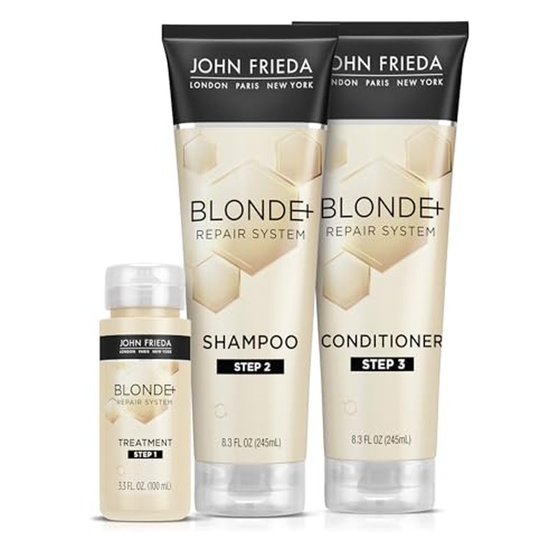John Frieda Blonde+ Hair Repair System Bundle, Includes Full Repair System, Pre-Shampoo Treatment 3.3oz, Bond Building Shampoo 8.3oz, and Conditioner 8.3oz, Strengthens and Repairs Damaged Hair