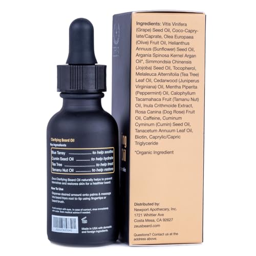 ZEUS Clarifying Beard Oil for Men, Hydrating Facial Hair Oil with Tea Tree for Sensitive Skin, Revitalizes, Treats Blemishes, Promotes Healthy Beard Growth (Made in USA) 1 fl. oz.