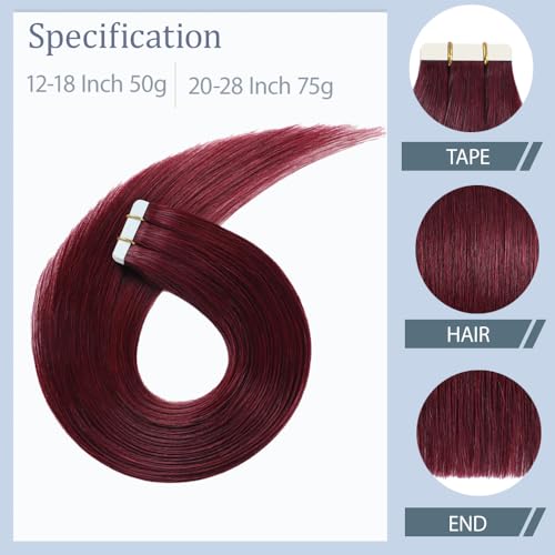 16 Inch Burgundy Tape-In Hair Extensions - Red Straight Human Hair, Seamless & Invisible - 10 Pcs, 45g Variation of TP-Burgundy-99J
