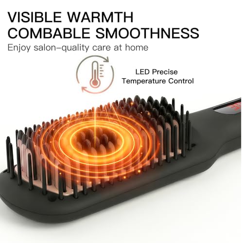 Black Ceramic Ionic Hair Straightener Brush - Fast Heat Up, Dual Voltage