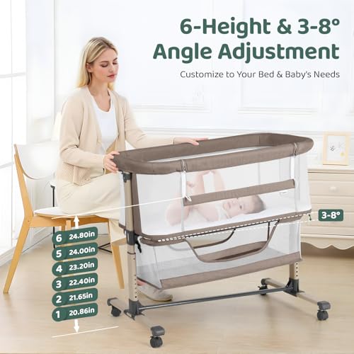 Cowiewie Bassinet Bedside Sleeper Khaki - Breathable, Adjustable Baby Crib