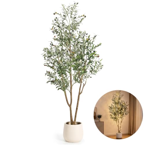 7FT Artificial Olive Tree with Lights & Planter - Faux Indoor Plant