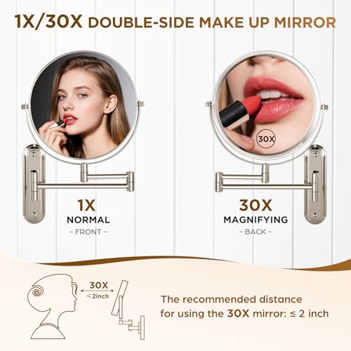 Wall Mounted Makeup Mirror - 1X/30X Magnifying Makeup Mirror with Extended Arm 360¡ÆSwivel Vanity Mirror, 8.5in Double Sided Mirror for Bathroom, No Lights