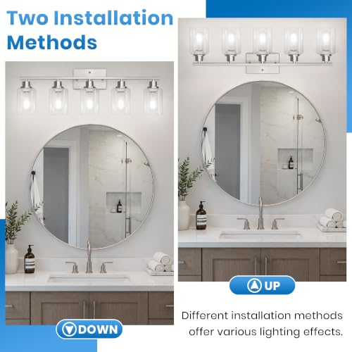 Brushed Nickel 5-Light Bathroom Vanity Light Fixture with Clear Glass Shades – Reversible Mounting