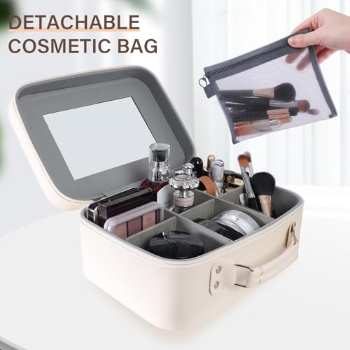 [Bridal Makeup Bag with Mirror] Large-capacity travel makeup storage bag, with compartments and a free brush pouch, waterproof PU makeup bag, durable structure & portable design (black Style)