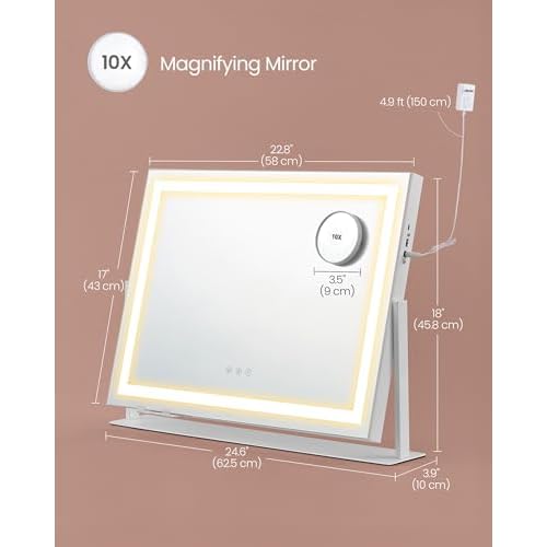SONGMICS Vanity Makeup Mirror with Lights, Touch Control, Angle-Adjustable, Charging Ports, Detachable 10X Magnifying Mirror, 3 Color Temperatures, Dimmable, Phone Holder, Matte White ULWM002W01V1