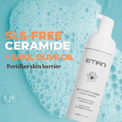 Emani Soft Cloud Foam Cleanser, All-in-One Sensitive Skin Face Wash, All Skin Types + Fragrance-Free Makeup - Sunscreen Remover, SLS-FREE, Plant-Based, pH Balancing, 150ml