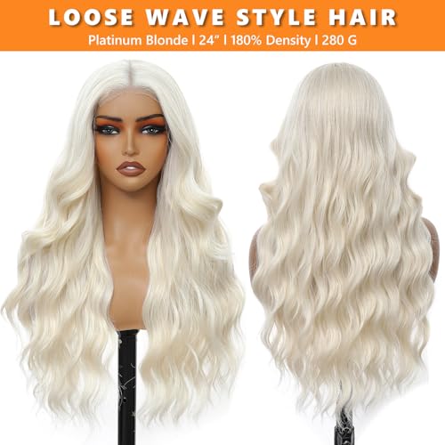 Platinum Blonde Wig for Women, 4x1 Lace Hairline Long Wavy Middle Part Heat Resistant Synthetic Wigs for Daily Party - 24 Inch