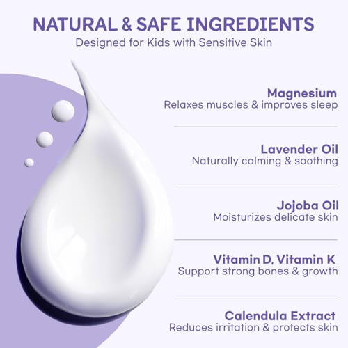 Magnesium Lotion for Kids & Babies Sleep - Bedtime Calming Body Cream with Natural Ingredients, Lavender Oil, Shea Butter & Multi Vitamins - Topical Magnesium Soothing Relief, Promotes Relaxation