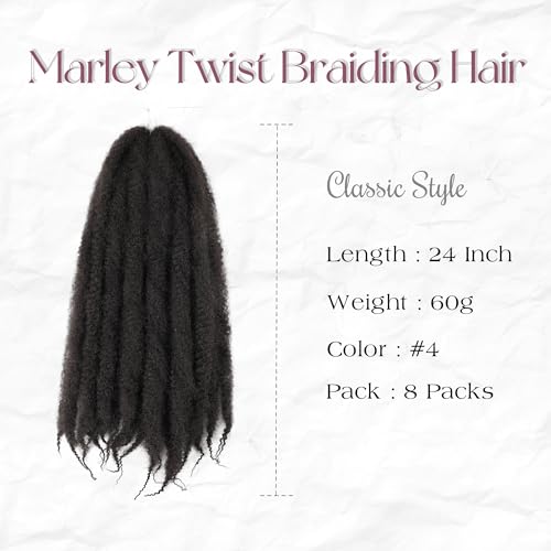 Marley Twist Braiding Hair 8 Packs 24 Inch Afro Kinky Curly Crochet Hair - Black 4#