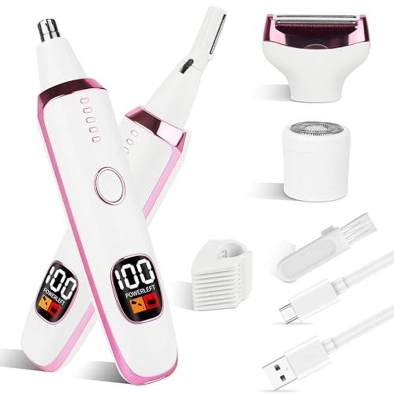 2025 Rechargeable Nose and Ear Hair Trimmer with LED Dispaly for Women Men,4 in 1 Painless Eyebrow & Facial Hair Trimmer with Powerful Motor,Ladies Wet & Dry Electric Razor (White)