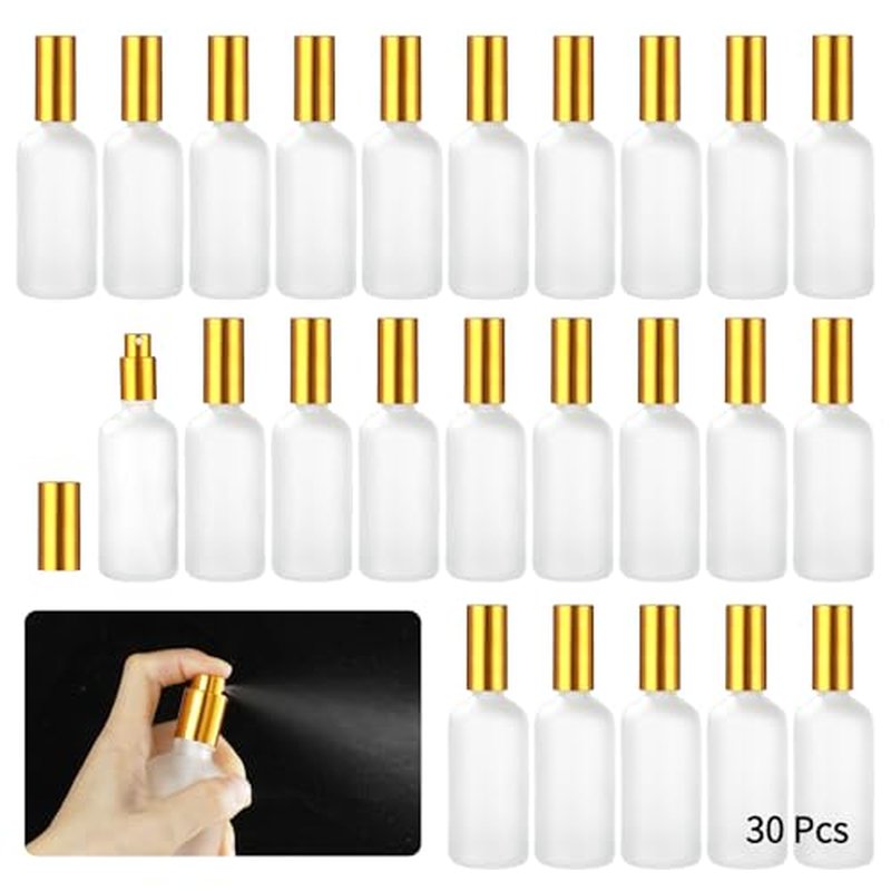 30 Pcs Frosted Glass Spray Bottles - 3.4 oz / 100 ml Refillable Empty Perfume Atomizer, Fine Mist Spray Bottle, Leak-Proof Reusable Containers for Travel, Essential Oils & Liquid Dispensing (Gold)