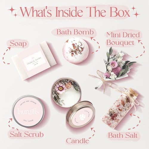 Orchid & Jasmine Spa Gift Basket - Luxury Candle & Bath Set for Women - Self Care Gift for Mom, Wife, Friend
