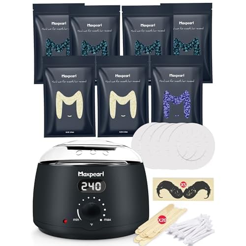 Maxpearl Digital Waxing Kit with 7 Packs of Hard Wax Beads for Brazilian, Bikini Waxing, Face, Eyebrows, Underarms, Arms, Chest, Back, Legs