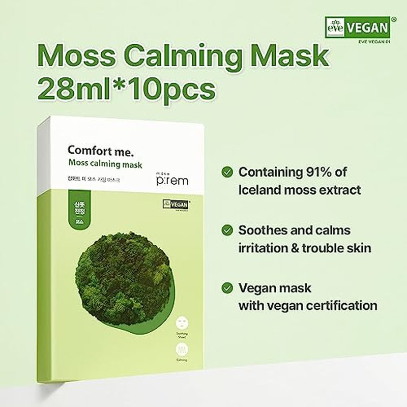MAKE P:REM Comfort Me. Moss Calming Mask, Korean Facial Sheet Mask, EWG Green, Soothing & Hydrating Face Mask, EVE VEGAN, 28ml, 0.94 Fl.Oz. x 10EA