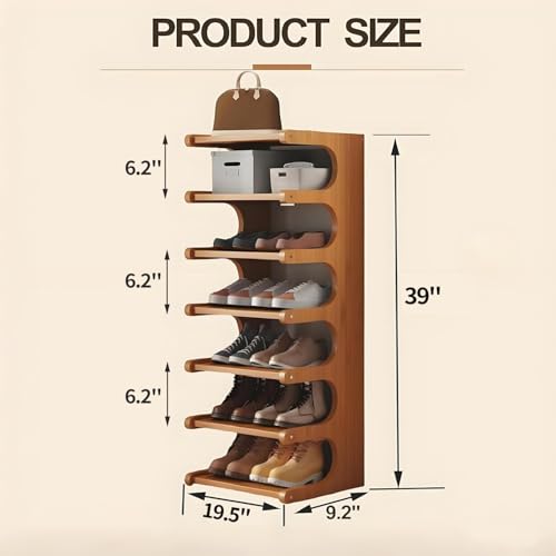 Brown 39-Inch Bamboo Shoe Rack - Vertical Narrow Shoe Organizer for Small Spaces