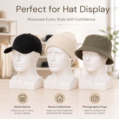 Bright White Male Mannequin Head 13.7 Inch Glossy Display Stand for Wigs & Hats - Lightmay