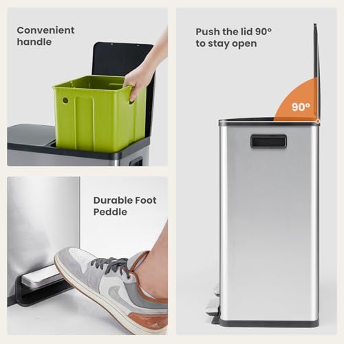 DUMOS Kitchen Trash Can, 2x8-Gallon Dual Can with Lid, Stainless