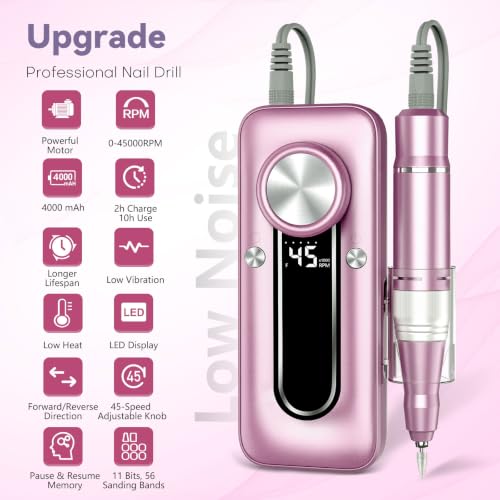 TUOBEO Cordless Nail Drill - Pink & Purple Portable Electric Nail File 45000 RPM
