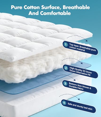 Queen Cotton Mattress Topper - Extra Thick Pillow Top Bed Pad