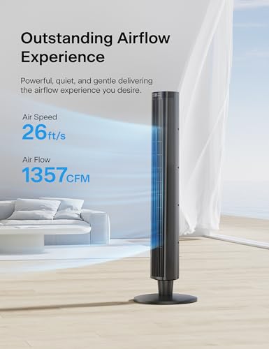 Pelonis 42-Inch Black Tower Fan with Remote, 6 Speeds, 4 Modes, 24-Hour Timer