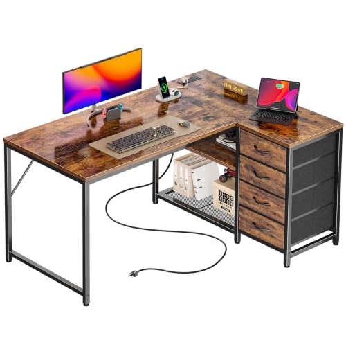 PRAISUN 43.3" Rustic Brown Small L-Shaped Desk with Power Outlets & Storage