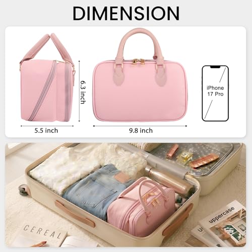 Travel Makeup Bag for Women - Pink, Large Capacity, Stand-Up Cosmetic Organizer with Brush Holder