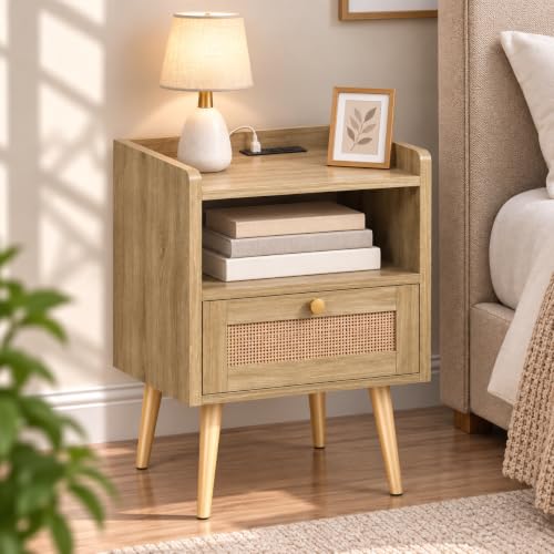 Nightstand Set of 2 with Charging Station - Rattan Side Tables, Light Oak, 15.9 x 11.8 inches, Boho Bedroom End Tables for Small Spaces