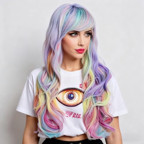 Rainbow Colorful Wavy Wig for Women 26 Inch Synthetic Cosplay & Party Hair