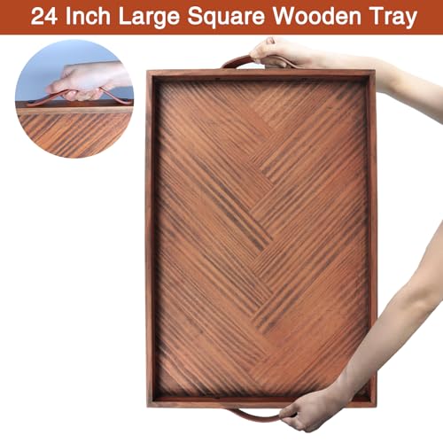 Extra Large Wooden Serving Tray with Leather Handles 24x16 in - Rustic Decor