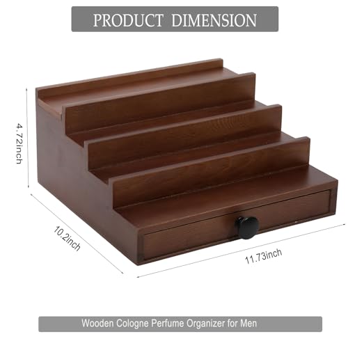 Walnut Cologne Organizer for Men - 4 Tier Wooden Cologne Perfume Display Stand with Drawer and Hidden Compartment, Mens Cologne Holder Shelf for Organizing and Storing