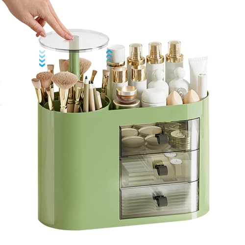 DASITON Makeup Organizer with 3 Drawers,Automatic Lifting Makeup Brush Holder with Lid,Large Capacity Makeup Organizers for Vanity,Bathroom Countertop,Ideal Storage Skin Care,Brushes,Lipstick (Green)