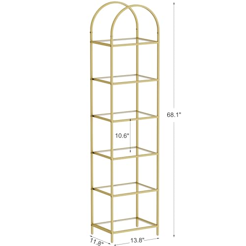 Tall Gold 6-Tier Bookshelf with Glass Shelves, Arched Design, 11.8x13.8x68.1 Inches
