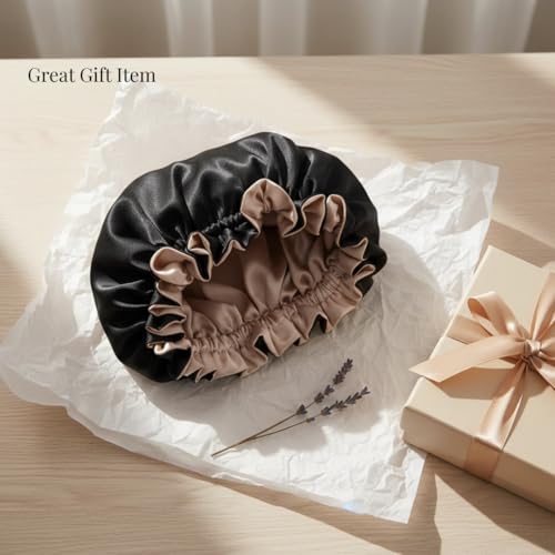 Silk Hair Bonnet for Sleeping, Reversible Bonnets for Black Women, Curly Hair Women Accessories (Black/Champagne)