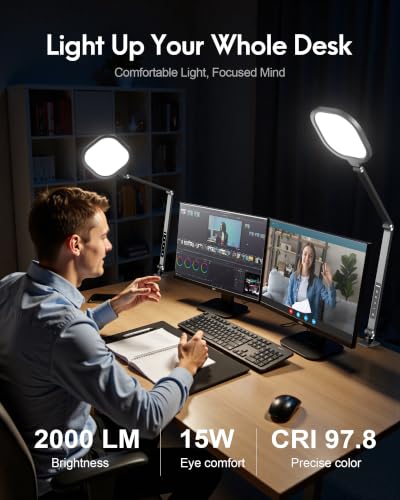 LitONES Black LED Desk Lamp with Clamp, 2000LM, 30 Lighting Modes, Metal Arm