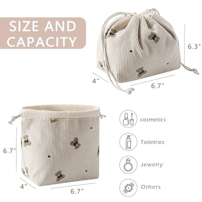 Aesthetic Corduroy Drawstring Makeup Bag, Cute Coquette Drawstring Cosmetic Bag with Canvas Lining, Bear Pattern Travel Makeup Organizer Case for Women Girls (04 Light Taupe)