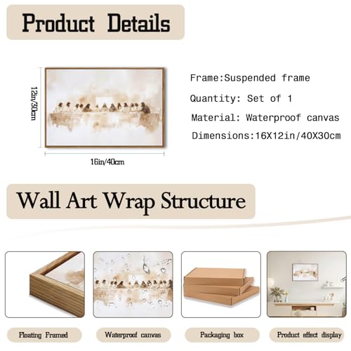 Christian Last Supper Wall Art Canvas with Floating Frame - Religious Home Decor 12x16 in
