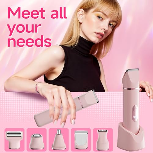 ZLILUGL 5-in-1 Waterproof Women’s Electric Bikini Trimmer & Razor, Painless Body & Facial Hair Removal