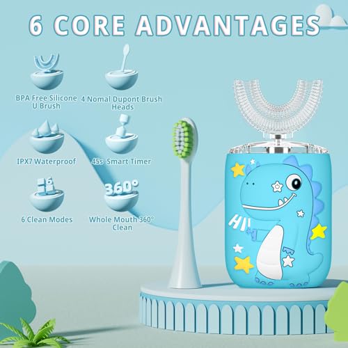 Kids Dinosaur U-Shaped Electric Sonic Toothbrush with Toothpaste - Blue (2-7)