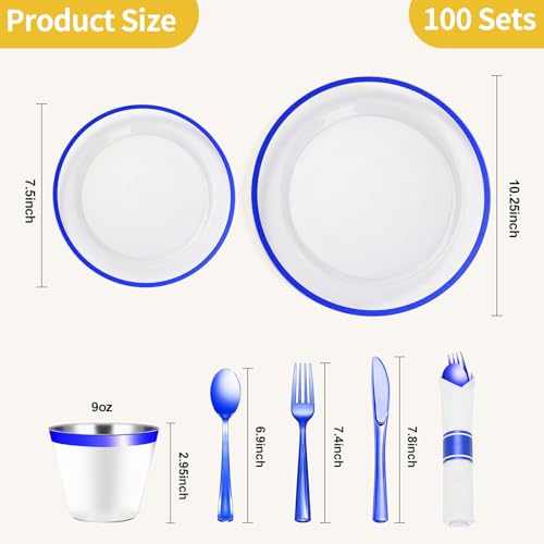 Dark Blue Disposable Plastic Plates Set for 100 Guests - 700 Pcs