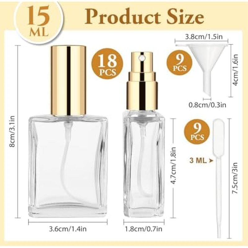 18Pcs Gold Glass Spray Bottles, 15ml Perfume Spray Bottles, Empty Fine Mist Atomizer, Portable Cologne Sprayer Bottles with 9Droppers9 Funnels, Refillable Perfume Container for Travel, Gold