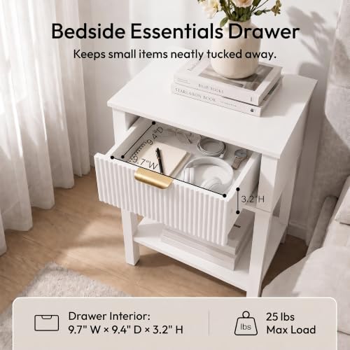 White Fluted Front Nightstand - Small 15" Wide Bedroom Side Table with Drawer & Shelf - Modern Compact Storage - Variation of THIS listing: White / Fluted / 1