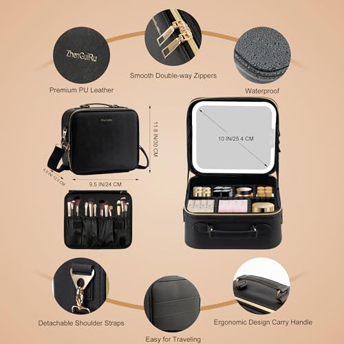 Travel Makeup Bag with LED Mirror - Black Portable Cosmetic Organizer