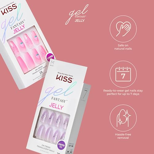 KISS Gel Fantasy Press On Nails, Nail glue included, 'Fun & Jelly', Pink, Medium Size, Coffin Shape, Includes 28 Nails, 2g glue, 1 Manicure Stick, 1 Mini File