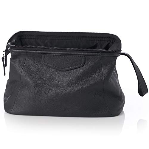 One Size Black Leather Toiletry Bag - Alpine Swiss Shaving Kit Dopp Case